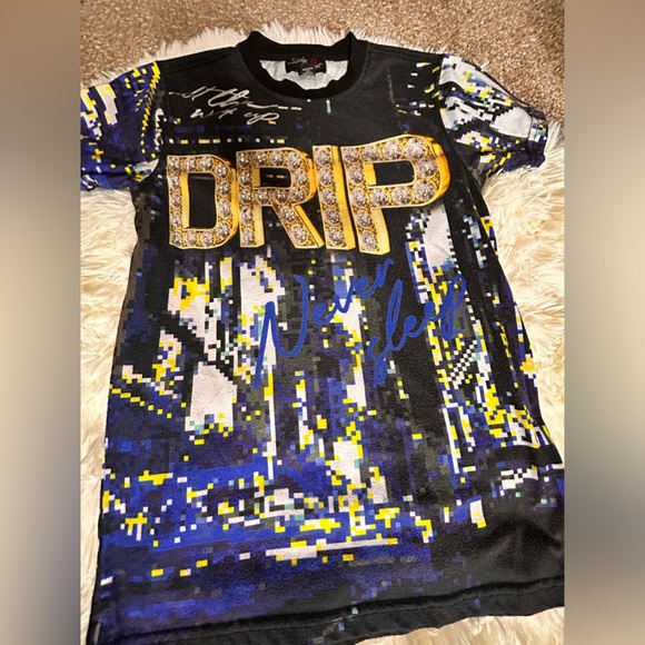 Boys short sleeve “DRIP” shirt Size Medium 10-12 WITH TEAL RHINESTONES ATTACHED - Picture 5 of 7